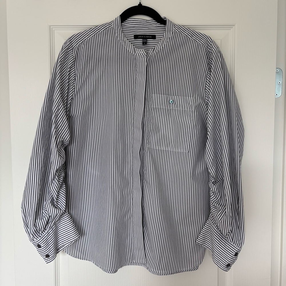 Judith & Charles | Striped Mandarin Collar Button Down Shirt - Size 12